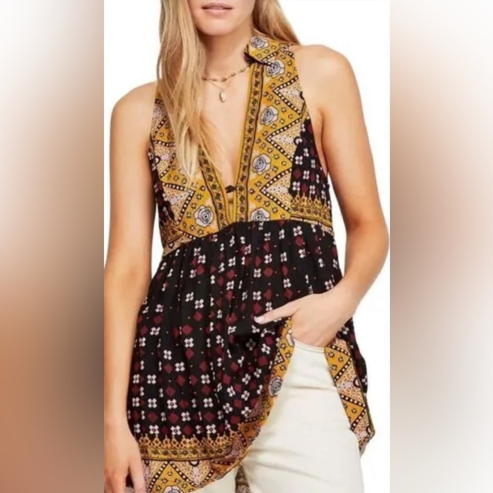 Free People Mixed Print Babydoll Tunic Top Black Yellow Boho OB938693 Womens XS